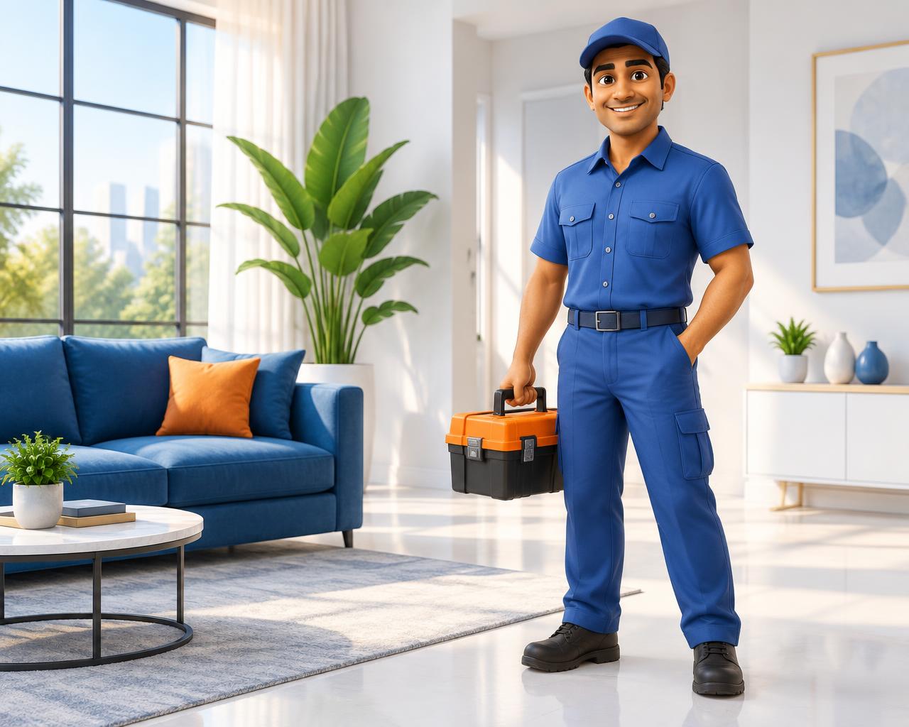 Friendly HomeDoor professional with an orange toolbox in a bright modern home